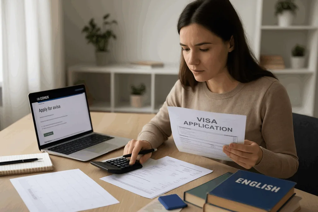 Focused woman calculating UK teaching visa costs.